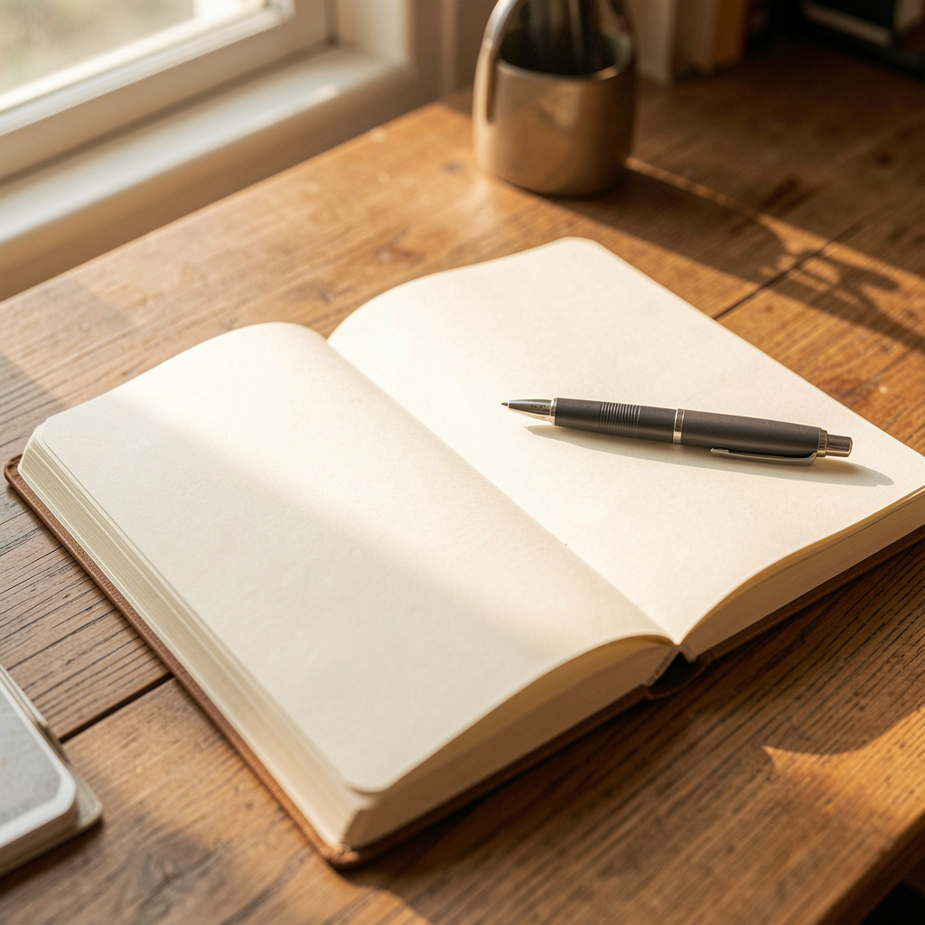 Open journal with pen on a wooden desk in natural lighting