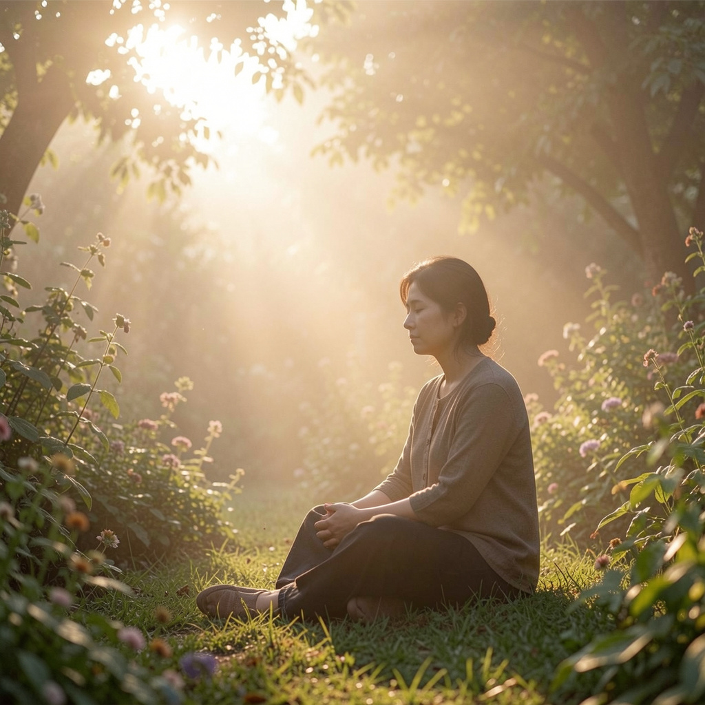Person sitting peacefully in contemplation during a quiet morning